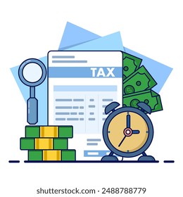 concept of paying on time, workers or companies obediently paying government taxes, banknotes paying tax alarm. Tax time reminders, income tax planning, government payment dates or financial returns.