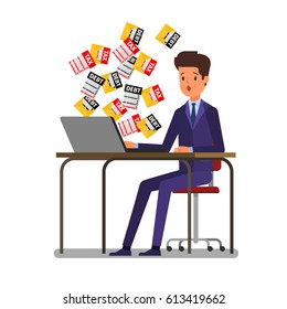 Concept of paying taxes. Businessman sitting at the table and managing finances on the computer. Flat design vector illustration