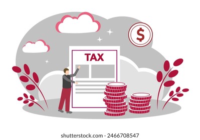 The concept of paying taxes. Filing a tax return. Man, tax return and Coins