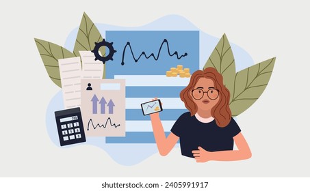 concept payment, financing, fees, business woman. calculator, graphs, payback interest. Flat vector illustration