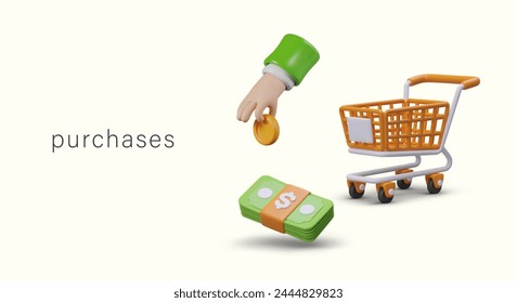 Concept of payment for goods. Wad of money, empty shopping cart, hand holding coin