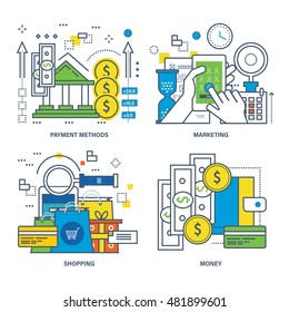 Concepto de métodos de pago, compras, dinero, marketing móvil. Colección de iconos de línea de color.