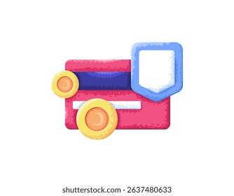 The concept of payment protection. Security and safety of financial transactions. Illustration of debit or credit cards with coins and shields. Flat style design with texture grain. element, symbol