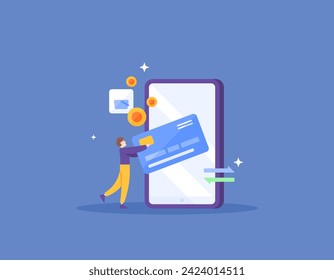 A concept of payment, purchase, and online transaction. A user makes a payment using a smartphone and a mobile banking app. credit card. illustration concept design. graphic elements. Vector