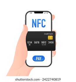 Concept of Payment for Purchases by Card, Online Shopping. NFC payment using smartphone mobile phone or card. Payment by credit card via e wallet wirelessly. Vector illustration