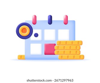 un concepto de un calendario de pagos o día de pago. salario o día de salario. ilustración de un símbolo de calendario con una pila de monedas de oro. Diseño de Vector de estilo 3D. fondo blanco