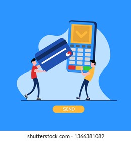 Concept of payment terminal, online banking, transfer money, contactless payment. People with debit and credit card pay on payment terminal. Modern vector illustration in flat design.
