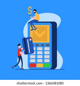 Concept of payment terminal, online banking, transfer money, contactless payment. People with debit and credit card pay on payment terminal. Modern vector illustration in flat design.