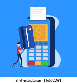 Concept of payment terminal, online banking, transfer money, contactless payment. People with debit and credit card pay on payment terminal. Modern vector illustration in flat design.