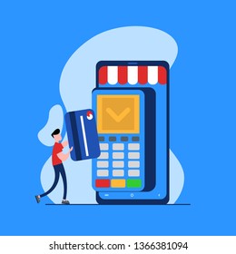 Concept of payment terminal, online banking, transfer money, contactless payment. People with debit and credit card pay on payment terminal. Modern vector illustration in flat design.