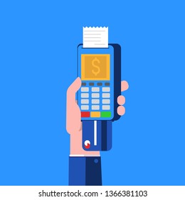 Concept of payment terminal, online banking, transfer money, contactless payment. People with debit and credit card pay on payment terminal. Modern vector illustration in flat design.