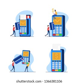 Concept of payment terminal, online banking, transfer money, contactless payment. People with debit and credit card pay on payment terminal. Set of modern vector illustration in flat design.