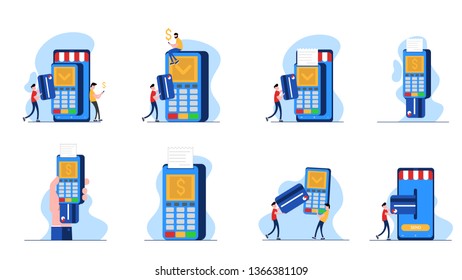 Concept of payment terminal, online banking, transfer money, contactless payment. People with debit and credit card pay on payment terminal. Set of modern vector illustration in flat design.