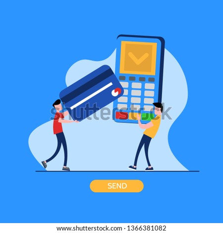 Concept of payment terminal, online banking, transfer money, contactless payment. People with debit and credit card pay on payment terminal. Modern vector illustration in flat design.