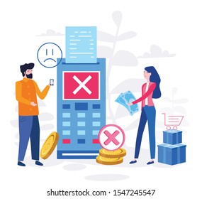 Concepto Terminales de pago con marcas de verificación en pantalla para, medios sociales, documentos, afiches. La ilustración del vector confirma el rechazo del pago, dinero, seguridad.Clientes enojados