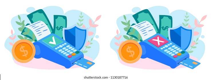 Concept Payment terminals with cross and tick check marks on screen for, social media, documents, posters. Vector illustration confirms reject the payment by debit credit card, money, security. 