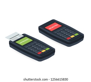 Concept Payment terminals with cross and tick check marks on screen for, social media, documents, posters. Vector illustration confirms reject the payment by debit credit card, money, security