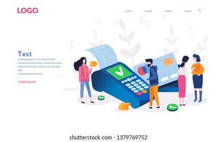 Concept Payment terminals with tick check marks on screen for, social media, documents, posters. Vector illustration confirms the payment by debit credit card, money, security. Shopping, 