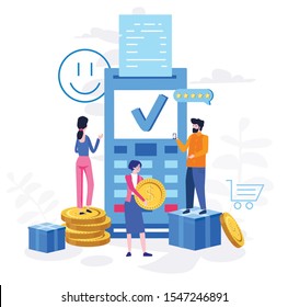 Concept Payment terminals with tick check marks on screen for, social media, documents, posters. Vector illustration confirms the payment , money, security. Shopping