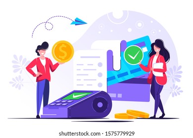 	
Concept Payment terminals with tick check marks on screen for, social media, documents, posters. Vector illustration confirms the payment by debit credit card, money, security. Shopping