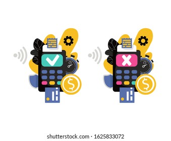Concept Payment terminals with tick and cross check marks on screen for, social media, documents, posters. Vector illustration confirms the payment by debit credit card, money, security. Shopping flat