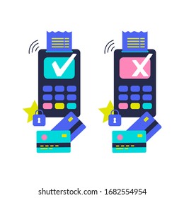 Concept Payment terminals with tick and cross check marks on screen. Vector flat illustration confirms the payment by debit credit card, money, security. 