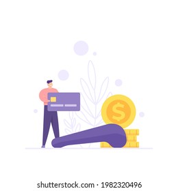 the concept of payment, transaction, repayment. illustration of a man holding an ATM or credit card to pay a bill. finance or business. flat style. vector design