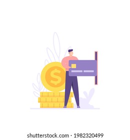 the concept of payment, transaction, repayment. illustration of a man holding an ATM or credit card to pay a bill. finance or business. flat style. vector design
