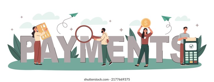 Concept of payments. Poster or banner for website. People with money and calculator estimate companys expenses and income. Online transfers and banking operations. Cartoon flat vector illustration