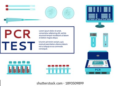El concepto del método PCR. Equipo de laboratorio de ilustración de vectores: Amplificación PCR y prueba expresa, frotis, computadora, pipeta automática, tubos de ensayo, placa de Petri. Estilo plano