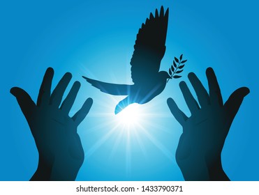 Concept of peace and freedom with two hands outstretched, relaxing a flight of doves in the sky at sunset.