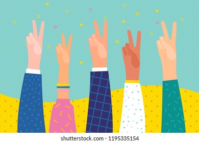 Concept of Peace. Hands up with victory gesture. Flat design, vector illustration.