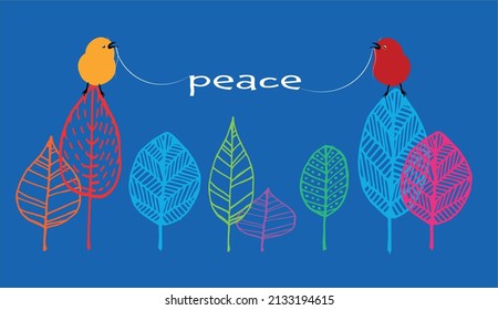 Concept of peace in Ukraine. Two birds perched on a row of colorful leaves hold the word peace.   Vector illustration on blue background for design and web.