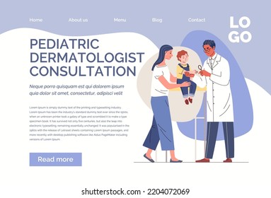 Concept Of Pediatric Dermatology, Skin Diseases. Dermatologist Examines Child With Magnifying Glass. At Appointment With Allergist. Vector Flat Cartoon Illustration Web Template, Landing Page, Website