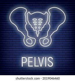 Concept pelvis bone icon glow neon style, skeleton part organism, roentgen human body image isolated on black, flat vector illustration. Silhouette black biological science.