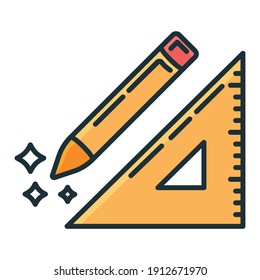 Concept pencil, wooden ruler triangle icon, writing pen and measuring utensils stuff for drawing flat line vector illustration art, isolated on white. Educational material blueprint.