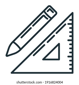 Concept pencil, wooden ruler triangle icon, writing pen and measuring utensils stuff for drawing flat line vector illustration art, isolated on white. Educational material blueprint.