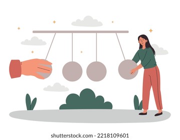 Concept of pendulum. Woman tests physical laws. Experiment, education and training. Poster or banner for website. Motivation positive impact and work metaphor. Cartoon flat vector illustration