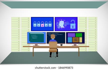 Concept of Penetration testing, vector illustration of a developer practicing ethical hacking a web application through a network to find the security vulnerabilities through program automation