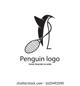 The concept of the penguin logo sports playing tennis or Badminton with a racket, very suitable for the logo of fitness and sports fitness
