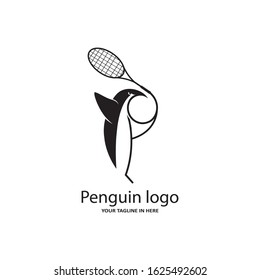 The concept of the penguin logo sports playing tennis or Badminton with a racket, very suitable for the logo of fitness and sports fitness