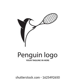 The concept of the penguin logo sports playing tennis or Badminton with a racket, very suitable for the logo of fitness and sports fitness