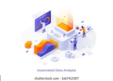 Concept With People Or Analysts Working On Conveyor And Place For Text. Automated Data Analysis, Financial Forecast, Market Research. Modern Isometric Vector Illustration For Website, Webpage.