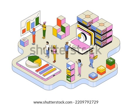 Concept with people or analysts working on data. Automated data analysis, financial forecast, market research. Modern isometric vector illustration