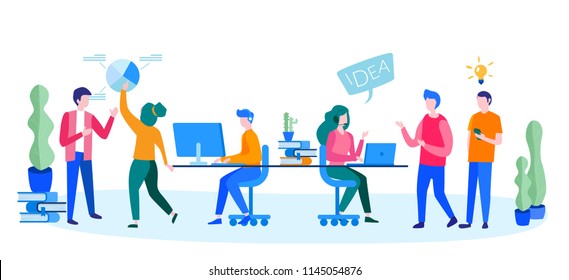 Concept Gente haciendo tormentas de ideas alrededor de la mesa para página web, banner, presentación, medios sociales, documentos, tarjetas, afiches. Ilustración de vectores, equipo de administración, trabajo de equipo, trabajadores de oficina, inicio
