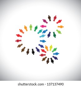 Concept of people as cogwheels representing communities & teams. This colorful vector logo template can represent teams interacting and collaborating with each other & also global social communities