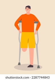 Concept People with disability man. This is an inclusive illustration of a man with crutches, depicted in a flat cartoon style. Vector illustration.