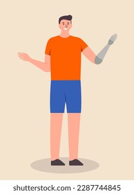 Concept People with disability man. This is an inclusive illustration of a man with a prosthetic hand, depicted in a flat cartoon style. Vector illustration.