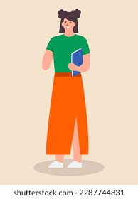 Concept People with disability women. This is an inclusive illustration of a woman without a hand, depicted in a flat cartoon style. Vector illustration.