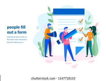 Concept people fill out a form, application form for employment. people select a resume for a job for web page, presentation, social media, documents. Vector illustration employee writes a summary